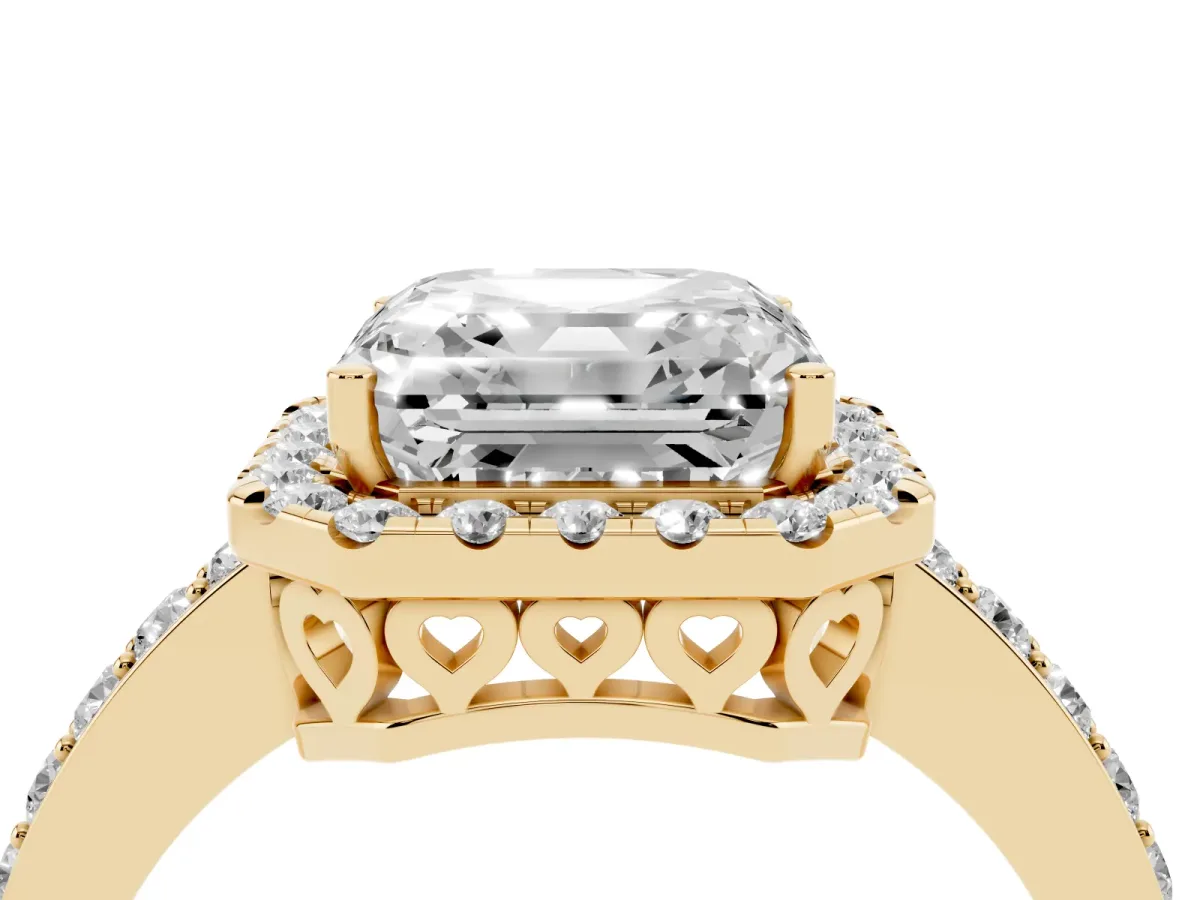 Asscher Cut Halo Diamond Pavé Band Ring with Prong Setting Yellow gold