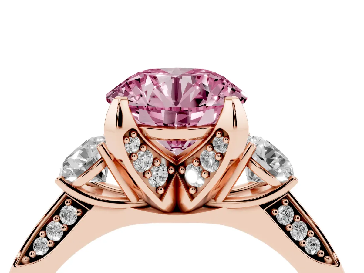 Fancy Pink Round Cut Brilliant Three-Stone Diamond Ring with Pavé Band and Four-Prong Setting Rose gold
