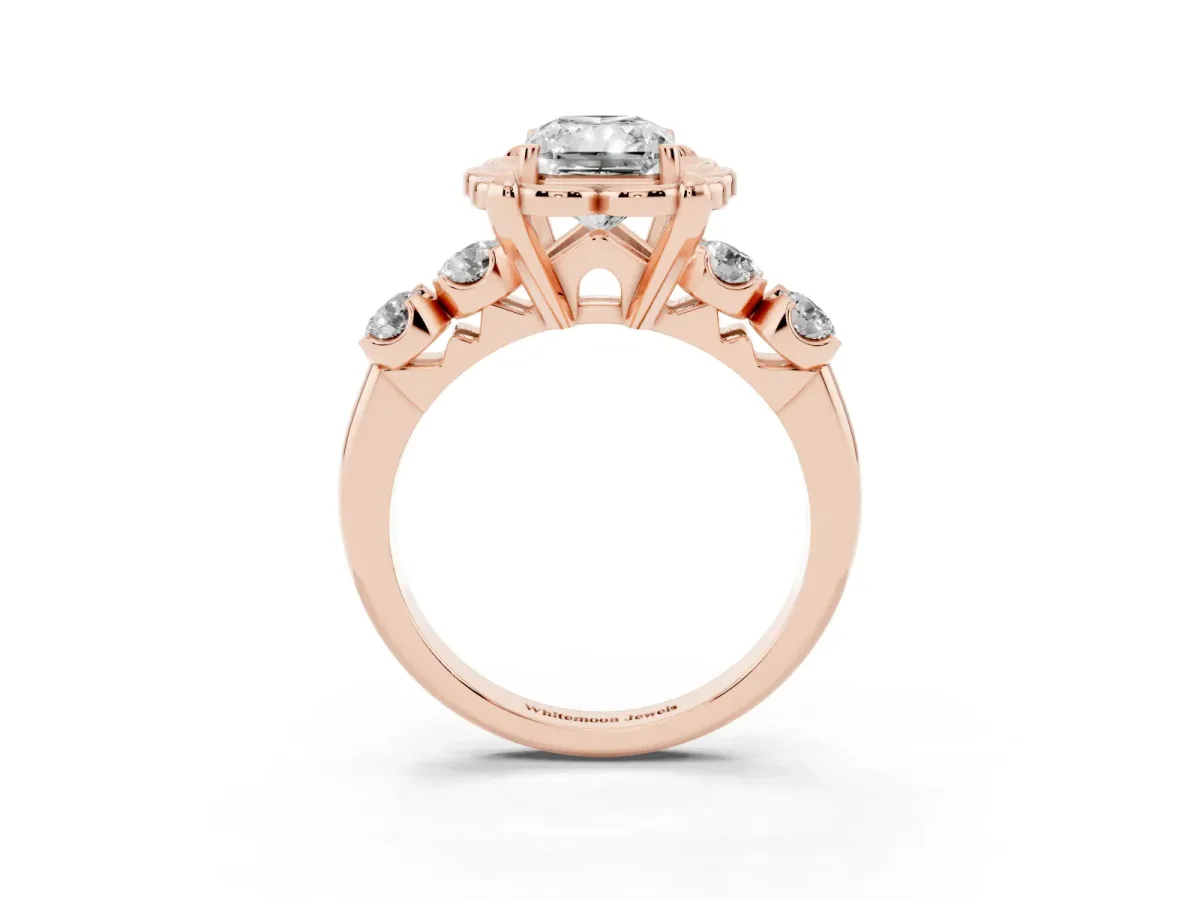 Radiant Cut Cut Diamond Floral Halo Engagement Ring with Shared Prong Setting Rose gold