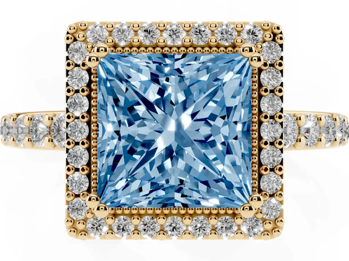 Fancy Blue Princess Cut Cut Diamond Halo Engagement Ring with Milgrain Detail and Pavé Band Yellow gold