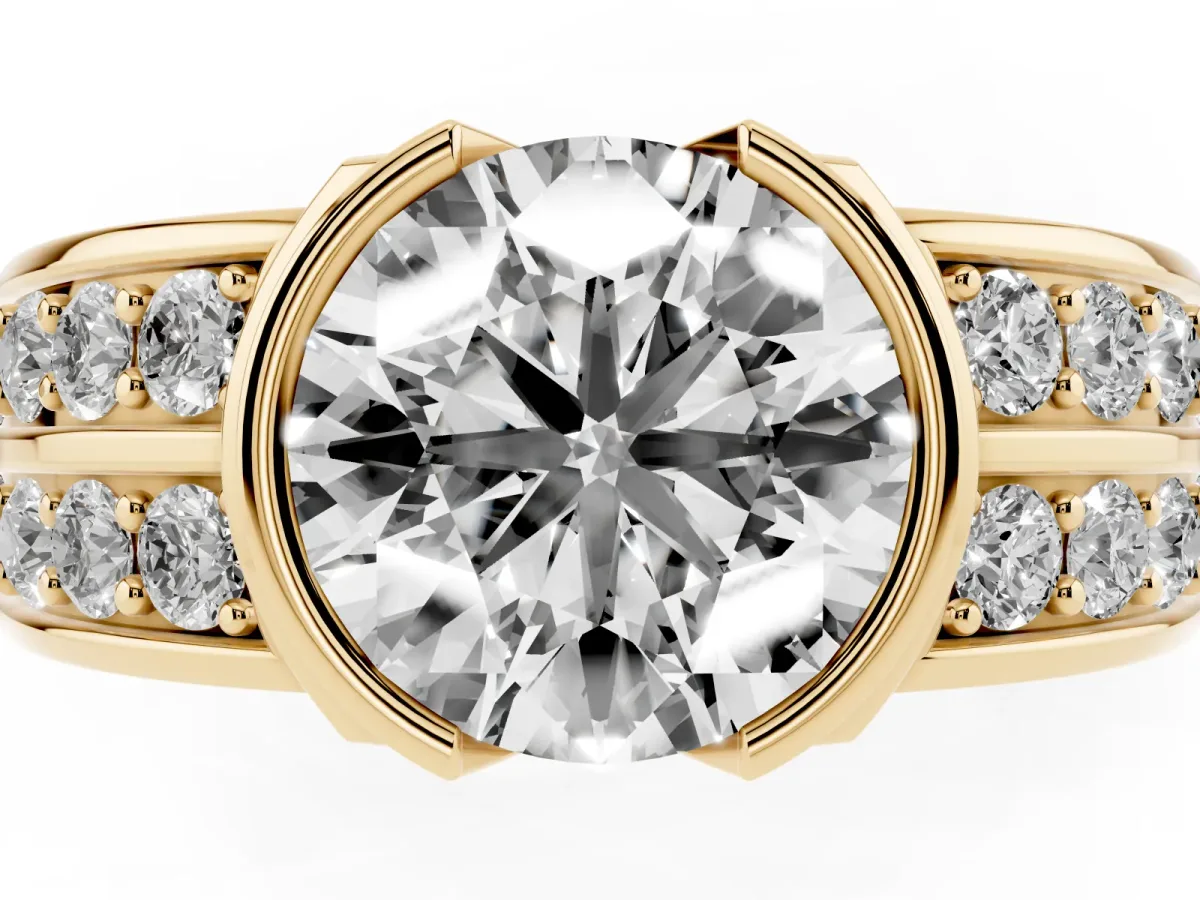 Round Cut Brilliant Diamond Channel Set Wide Band Ring with Bezel Setting Yellow gold