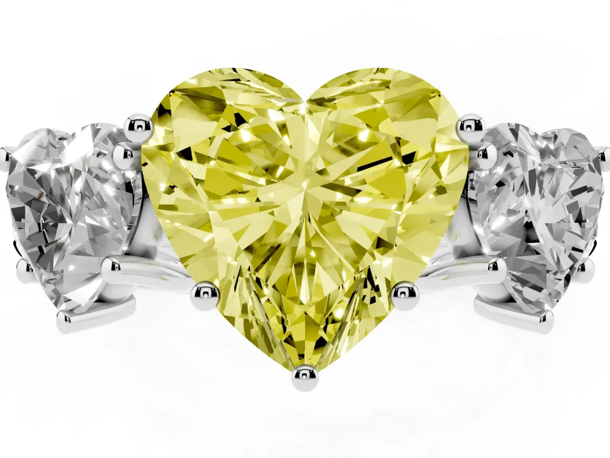 Fancy Yellow Three-Stone Heart Cut Diamond Pavé Band with Prong Setting Silver