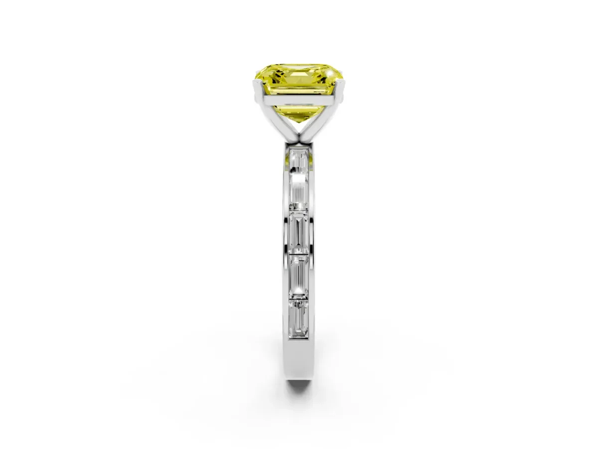 Fancy Yellow Asscher Cut Solitaire Diamond Ring with Channel-Set Baguette Band and Four-Prong Setting Silver