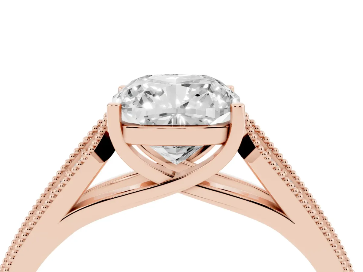 Cushion Cut Cut Pave Split Shank Engagement Ring with Four-Prong Setting Rose gold