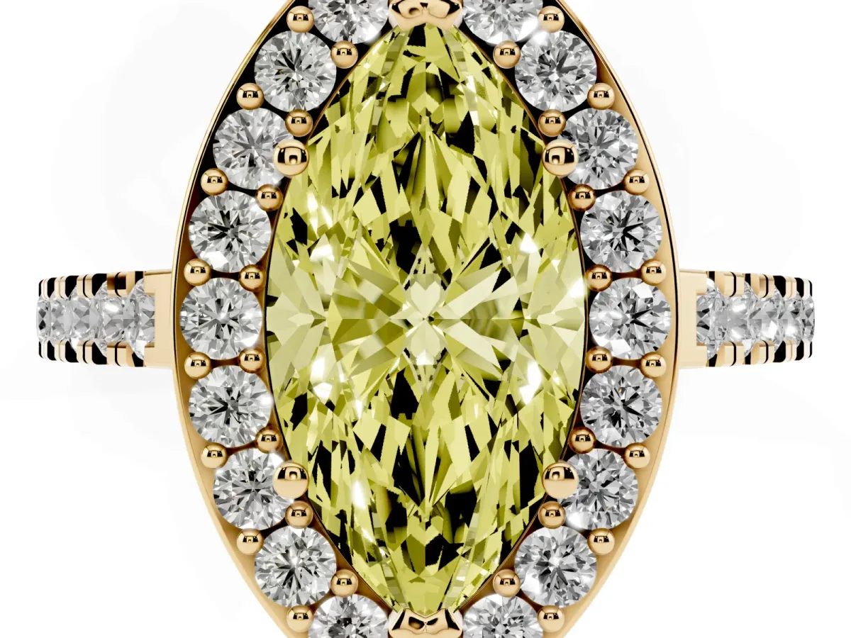Fancy Yellow Marquise Cut Diamond Halo Ring with Round Pavé Split Shank and Prong Setting Yellow gold