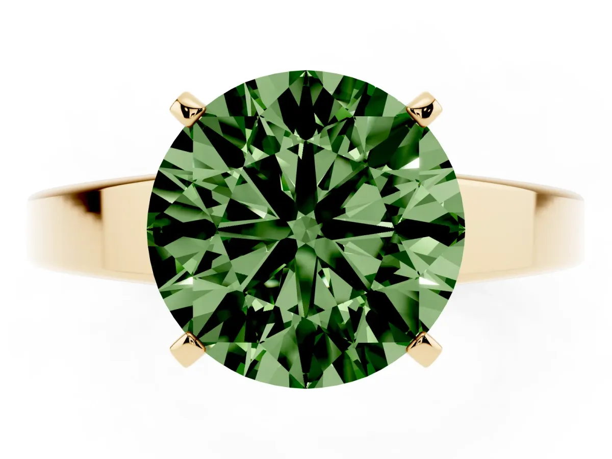 Fancy Green Round Cut Solitaire Engagement Ring with Four-Prong Setting and Tapered Band Yellow gold