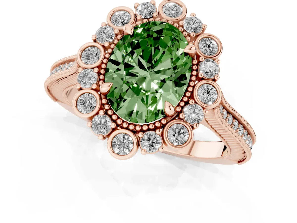 Fancy Green Oval Cut Halo Milgrain Pave Diamond Ring with Four-Prong Setting Rose gold