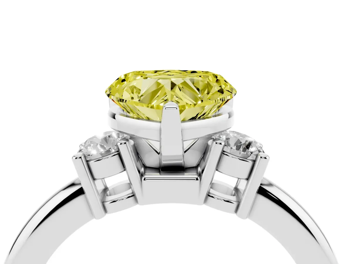 Fancy Yellow Three-Stone Heart Cut Cut Diamond Solitaire with Prong Setting and Classic Band Silver