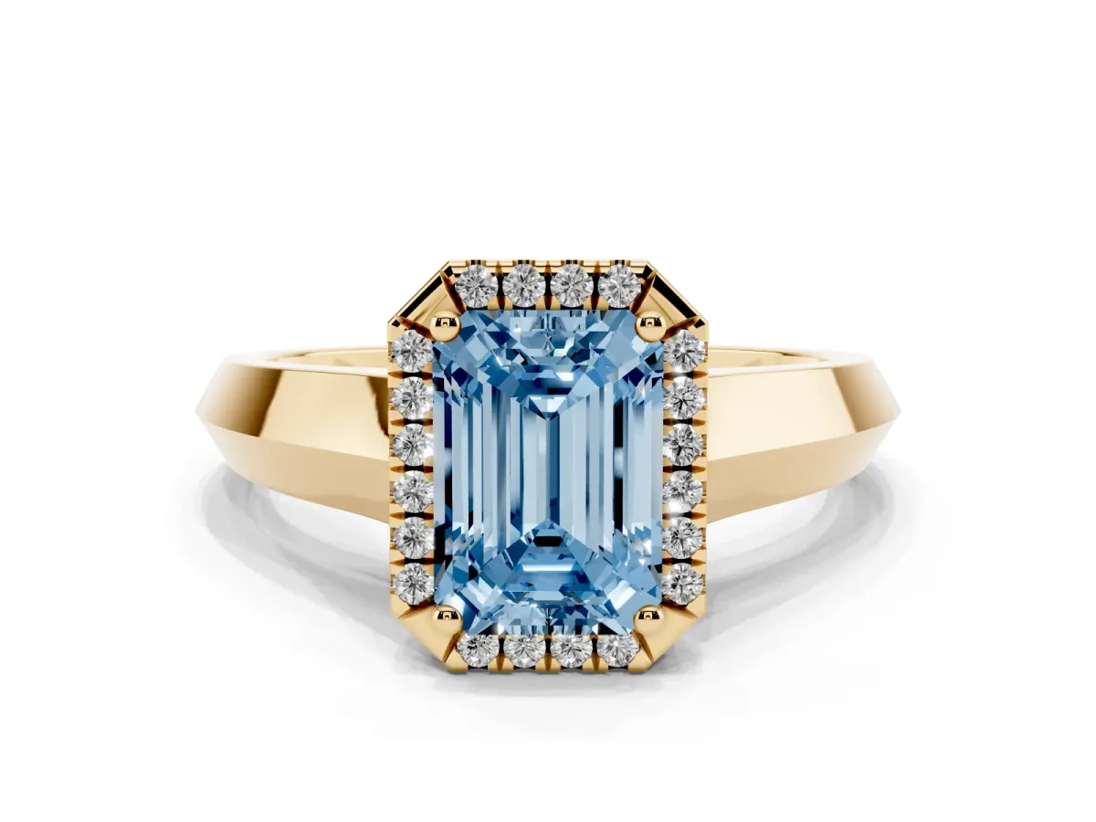 Fancy Blue Emerald Cut Halo Diamond Ring with Cathedral Band and Four-Prong Setting Yellow gold
