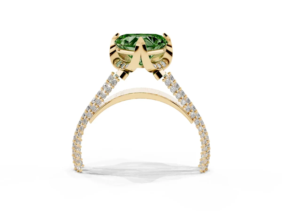 Fancy Green Heart Cut Solitaire Pave Split Shank Ring with Four-Prong Setting Yellow gold