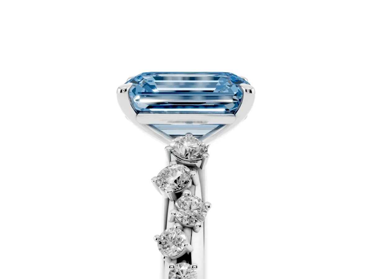 Fancy Blue Emerald Cut Diamond Cluster Prong-Set Solitaire Ring White gold