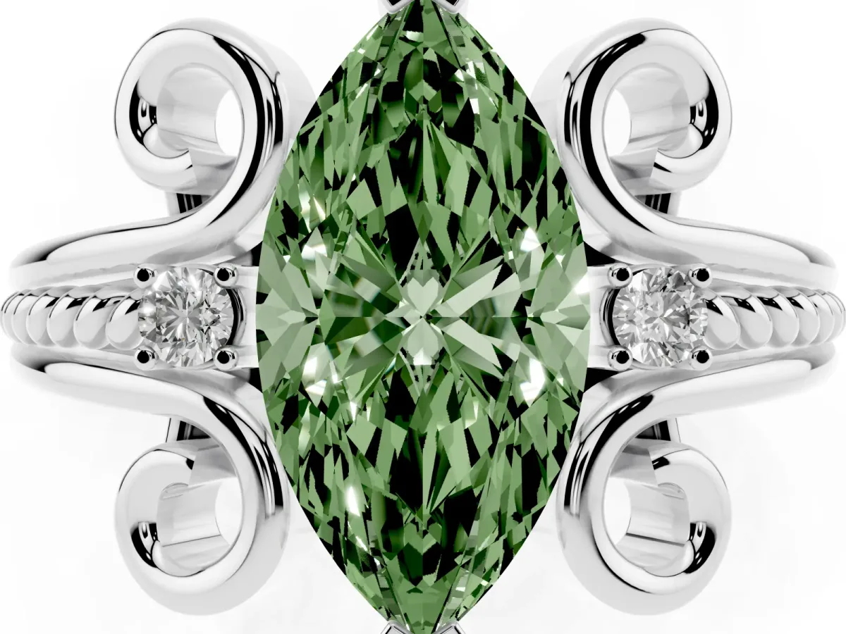 Fancy Green Marquise Cut Solitaire Twisted Band Scroll Prong Ring Platinum