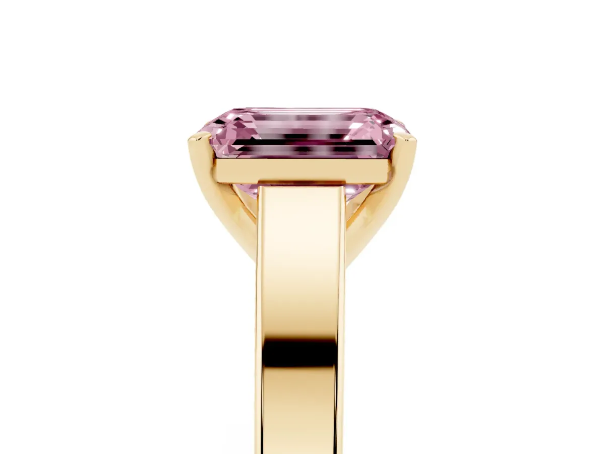 Fancy Pink Emerald Cut Solitaire Engagement Ring with Four-Prong Setting and Tapered Band Yellow gold