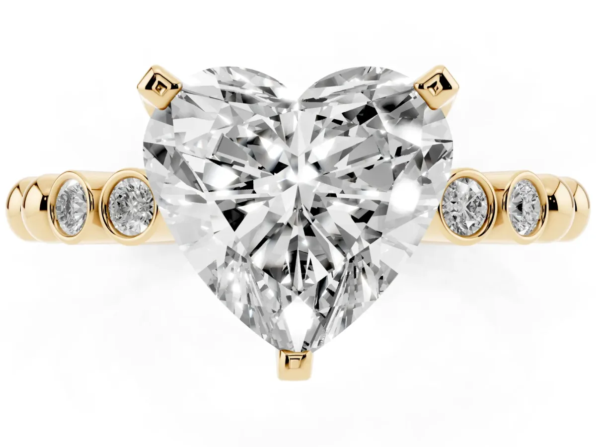 Heart Cut Solitaire Bezel Accent Diamond Engagement Ring with Beaded Band and Four-Prong Setting Yellow gold