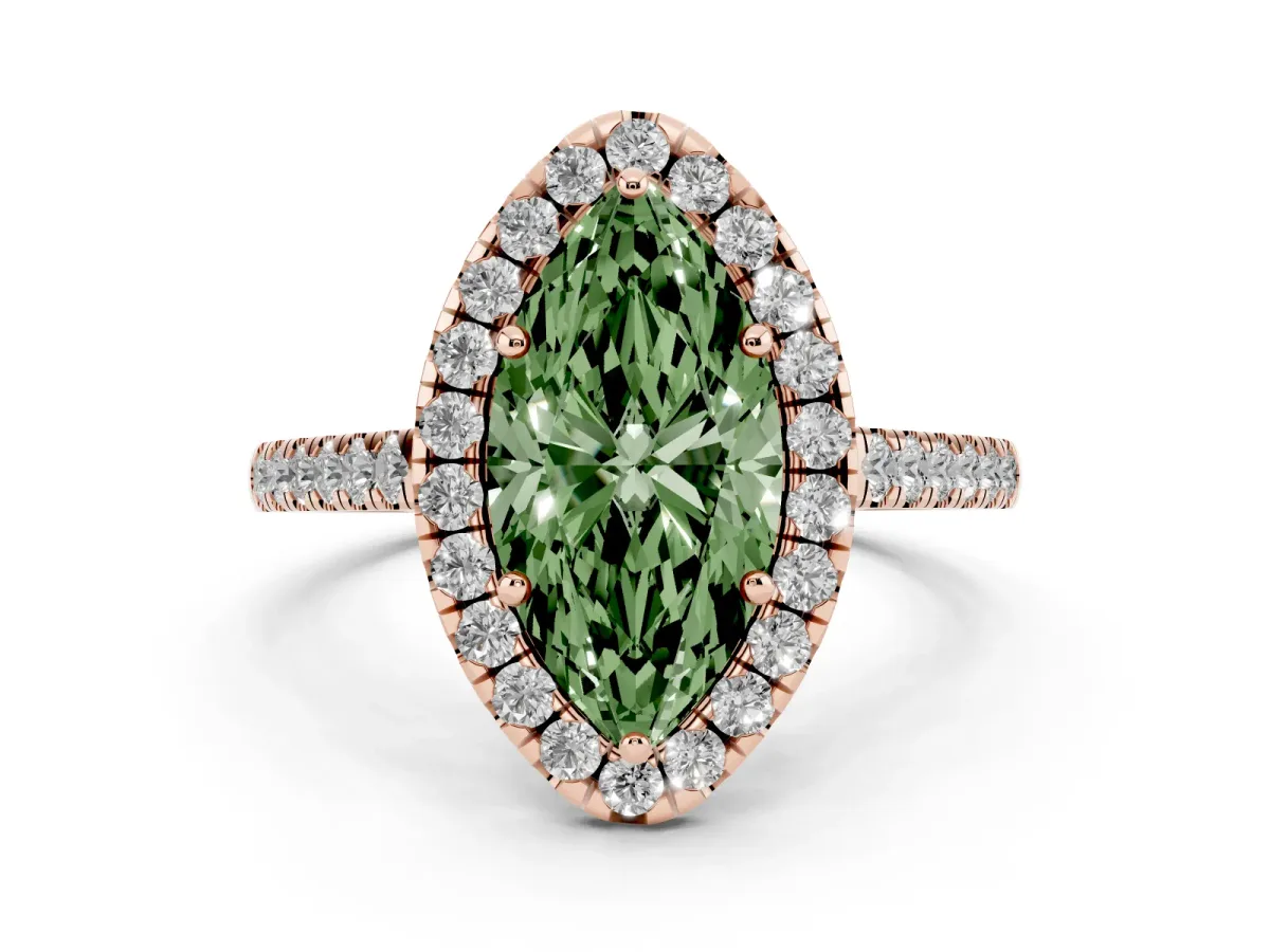 Fancy Green Marquise Cut Halo Pave Diamond Engagement Ring with Four-Prong Setting Rose gold