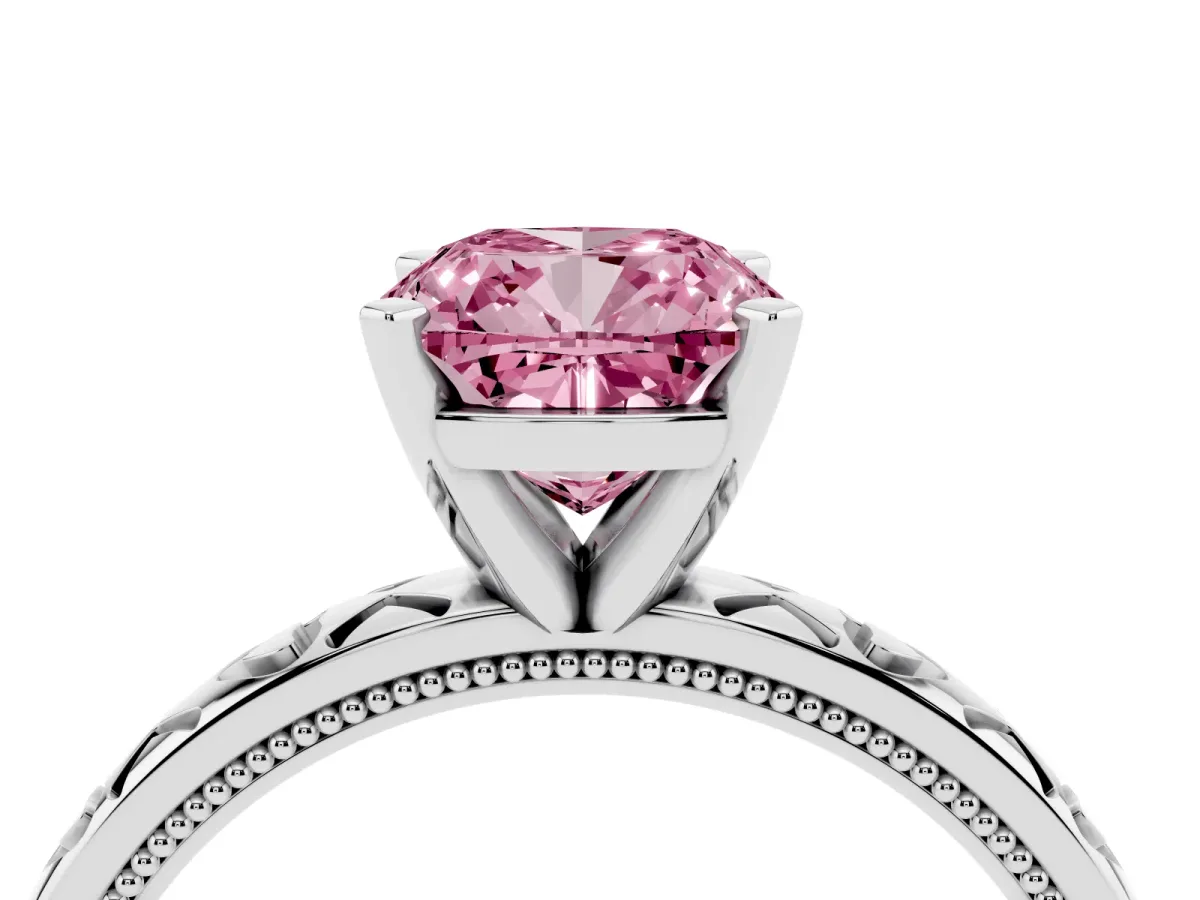Fancy Pink Cushion Cut Solitaire Diamond Engagement Ring with XO Engraved Band and Four-Prong Setting Platinum