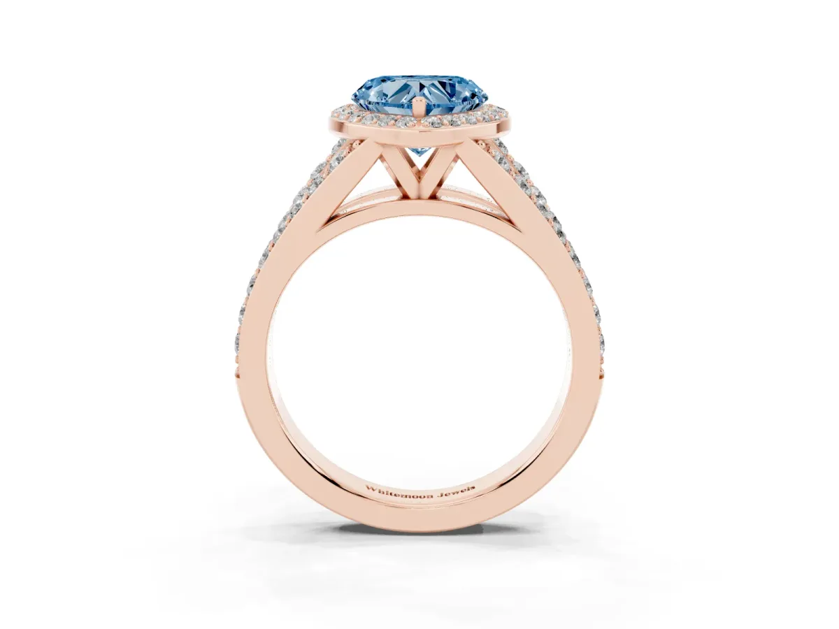 Fancy Blue Heart Cut Diamond Split Shank Halo Ring with Four-Prong Setting Rose gold