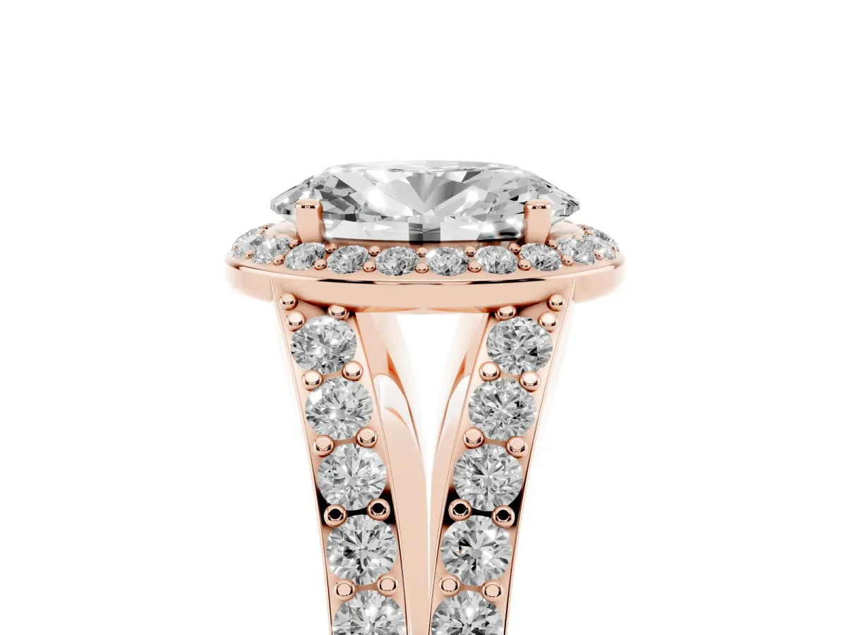 Oval Cut Diamond Split Shank Halo Ring with Four-Prong Setting Rose gold
