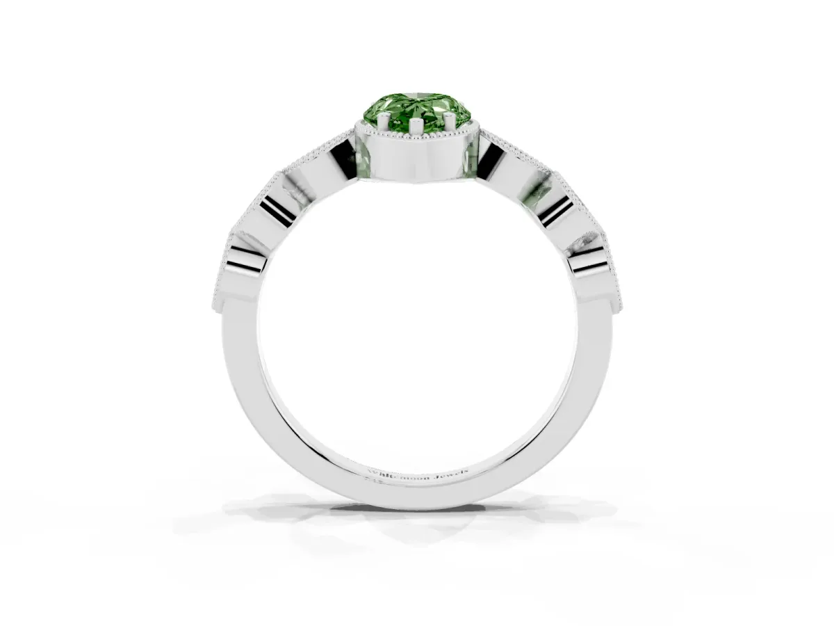 Fancy Green Pear Cut Diamond Vintage Milgrain Ring with Round Stations Platinum