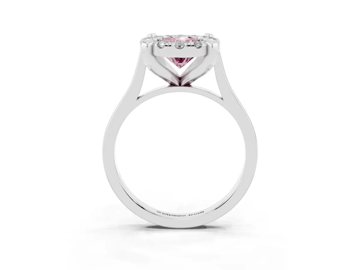 Fancy Pink Oval Cut Diamond Cluster Halo Solitaire with Four-Prong Setting Silver