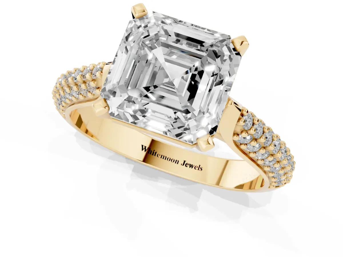 Asscher Cut Diamond Solitaire Engagement Ring with Multi-Row Round Pavé Band and Prong Setting Yellow gold