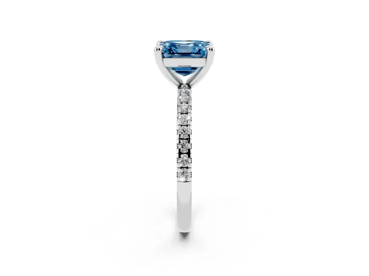 Fancy Blue Asscher Cut Diamond Brilliant Solitaire Ring with Pavé Band and Four-Prong Setting White gold