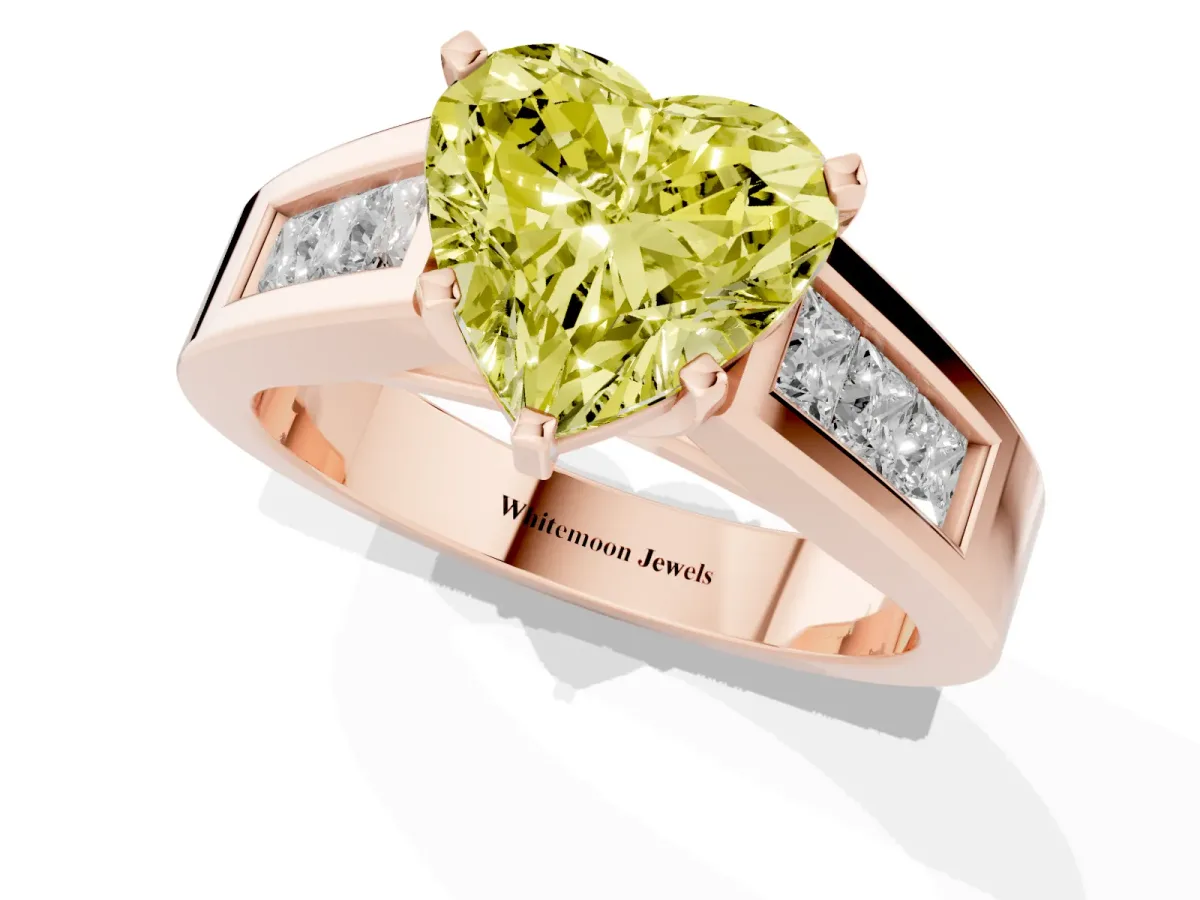Fancy Yellow Heart Cut Cut Channel Set Solitaire Ring with Four-Prong Setting Rose gold