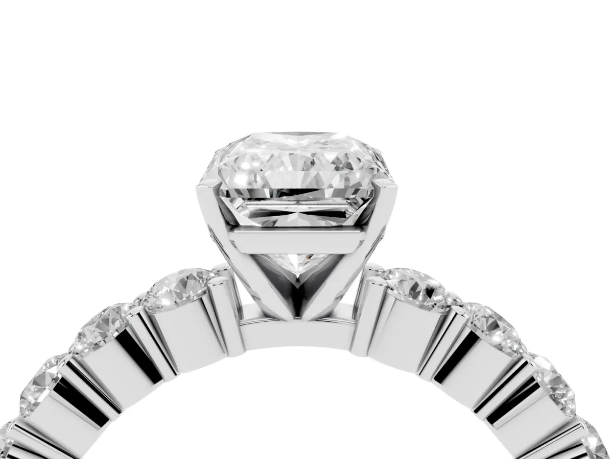 Radiant Cut Diamond Solitaire Ring with Shared Prong Round Side Stones Silver