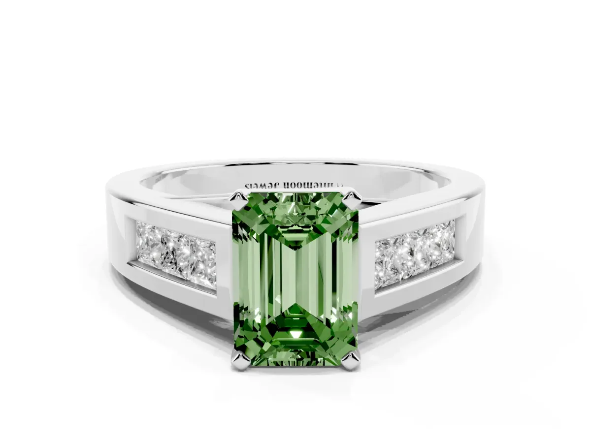 Fancy Green Emerald Cut Cut Channel Set Solitaire Ring with Four-Prong Setting Silver