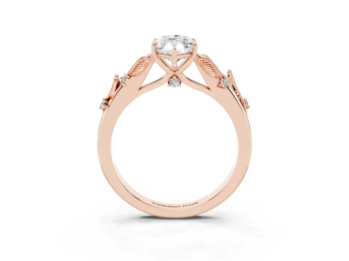 Marquise Cut Diamond Solitaire Ring with Leaf Motif Band and Four-Prong Setting Rose gold