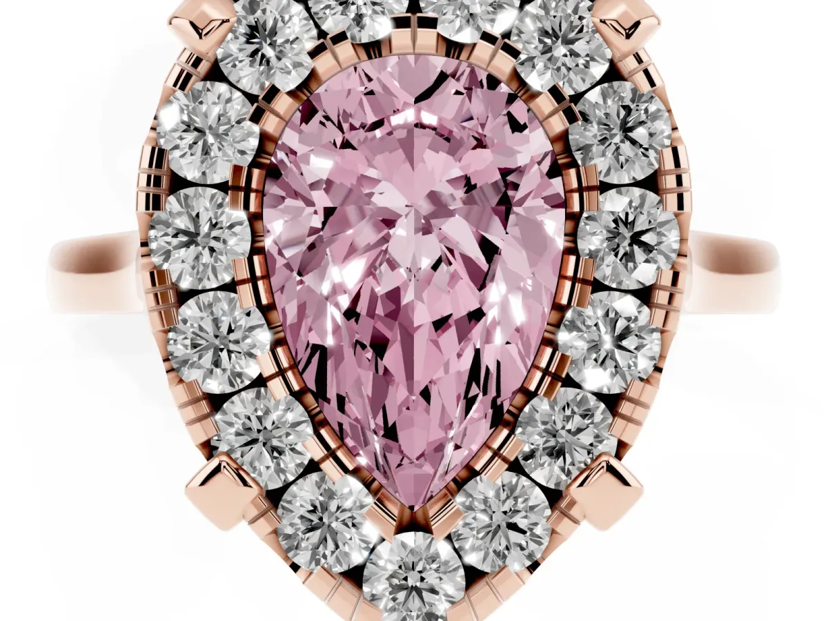 Fancy Pink Pear Cut Diamond Cluster Halo Solitaire with Four-Prong Setting Rose gold