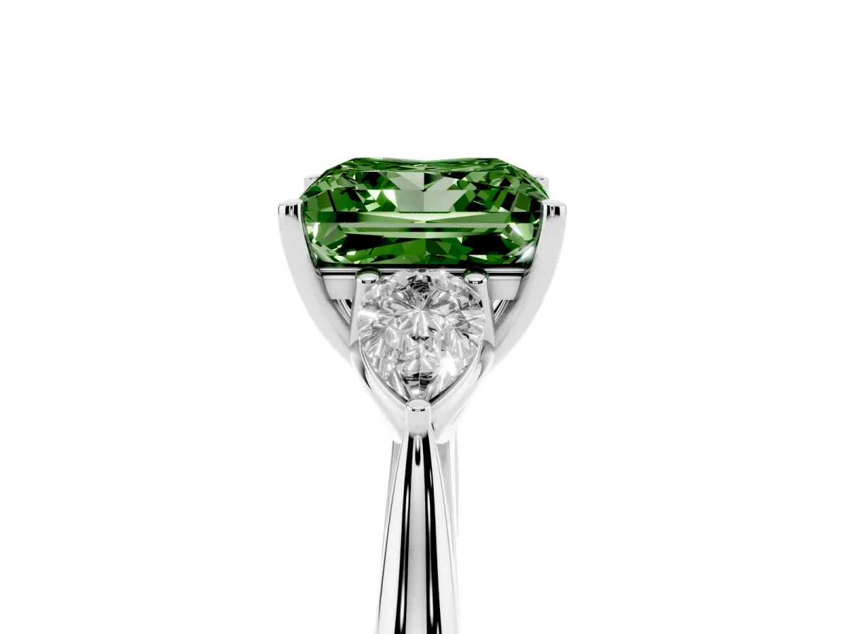 Fancy Green Princess Cut Diamond Three-Stone Ring with Pear Side Stones and Prong Setting Silver
