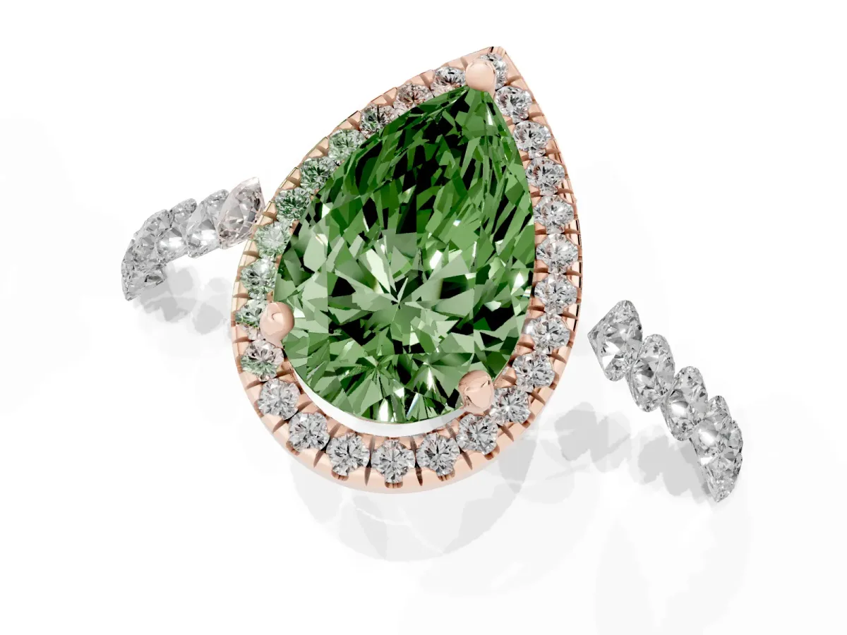 Fancy Green Pear Cut Halo Pavé Diamond Engagement Ring with Four-Prong Setting Rose gold