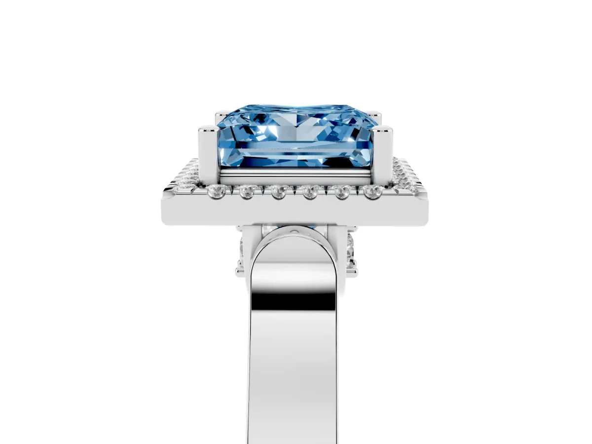 Fancy Blue Princess Cut Halo Round Diamond Twist Band with Four-Prong Setting White gold