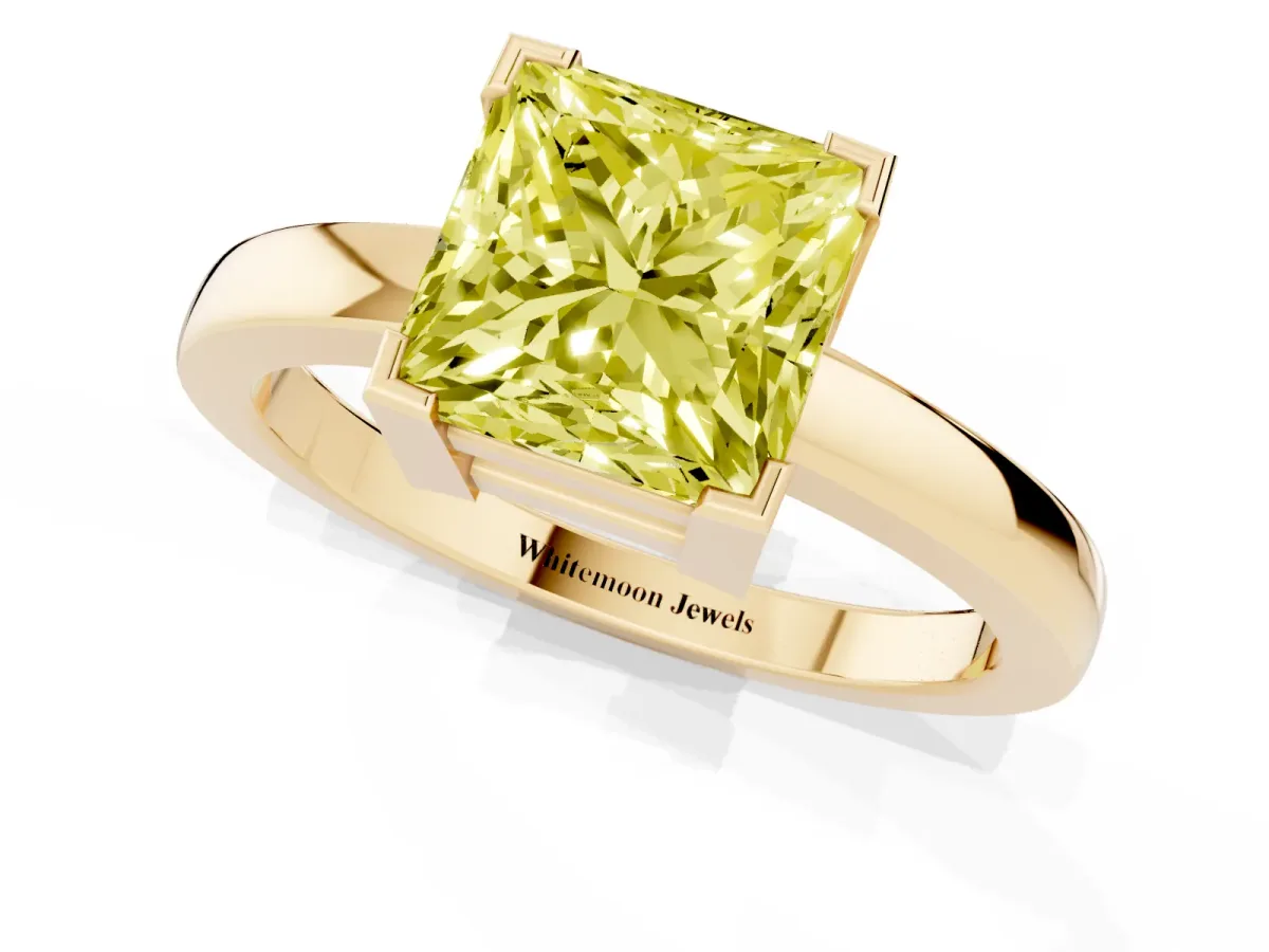 Fancy Yellow Princess Cut Cut Solitaire Ring with Four-Prong Setting and Classic Band Yellow gold
