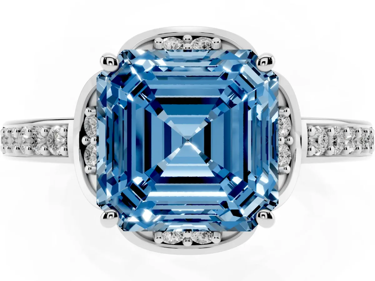 Fancy Blue Asscher Cut Cut Halo Diamond Ring with Channel Set Band and Four-Prong Setting Silver
