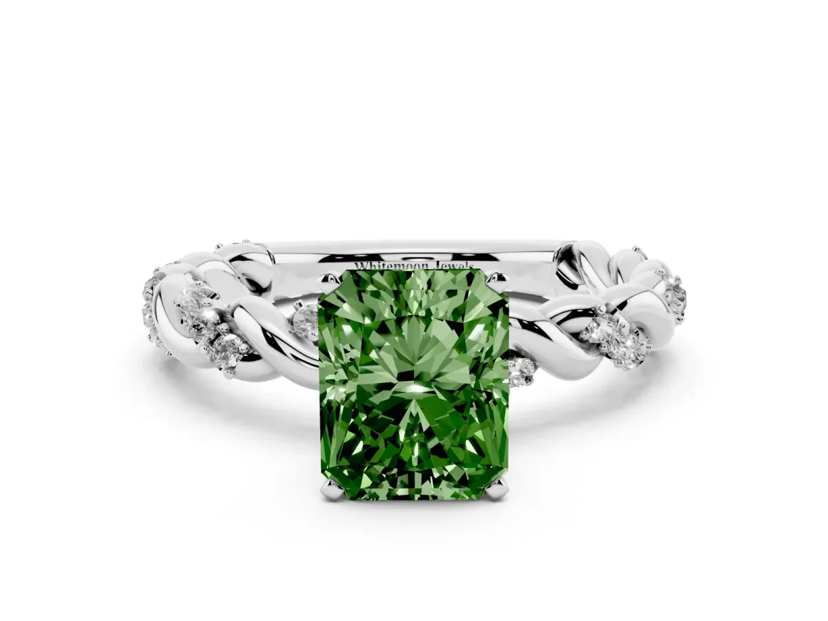 Fancy Green Radiant Cut Diamond Solitaire Ring with Twisted Band and Pavé Accents Silver