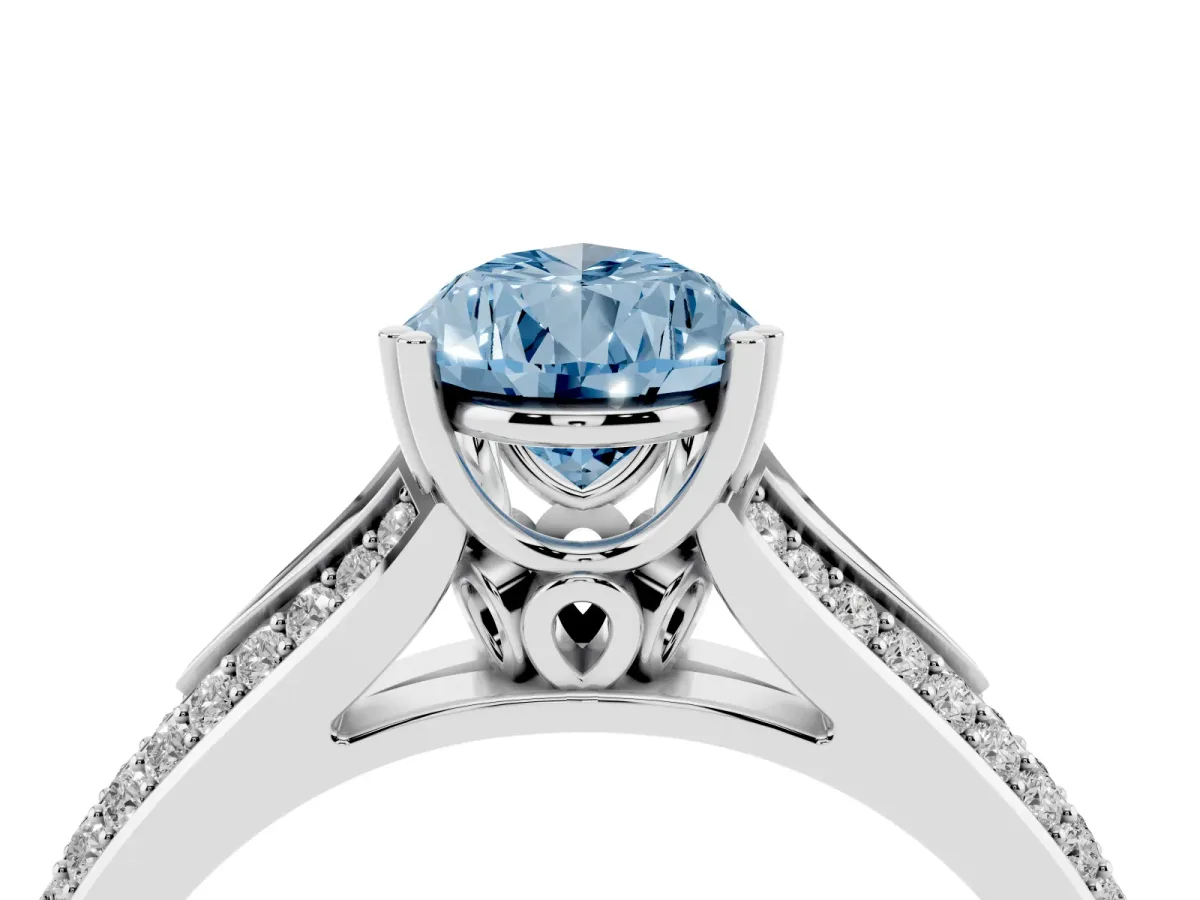 Fancy Blue Pear Cut Diamond Split Shank Engagement Ring with Pavé Band Silver