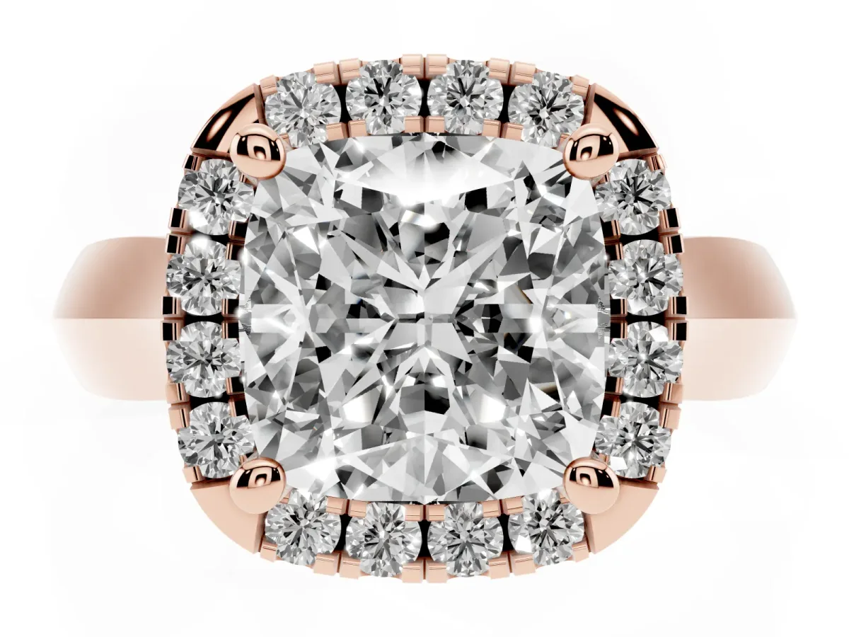 Cushion Cut Cut Halo Solitaire Engagement Ring with Square Band and Four-Prong Setting Rose gold