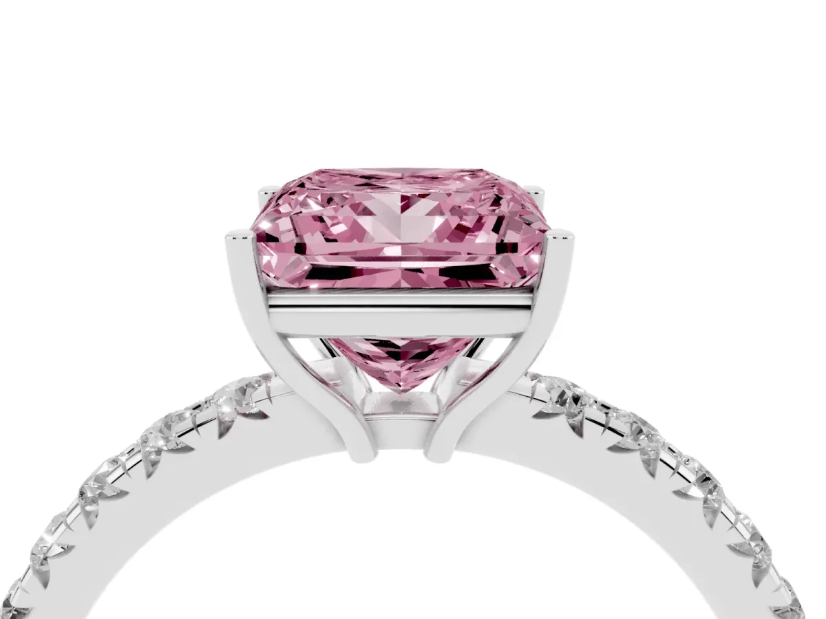 Fancy Pink Princess Cut Diamond Pavé Solitaire Engagement Ring with Four-Prong Setting Silver