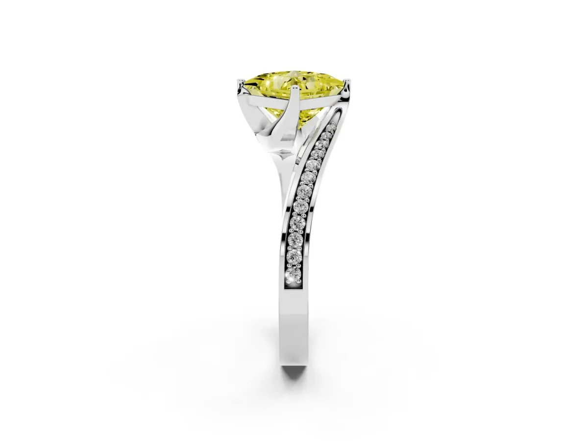 Fancy Yellow Princess Cut Solitaire Diamond Twist Band with Pavé Setting and Four-Prong Setting White gold
