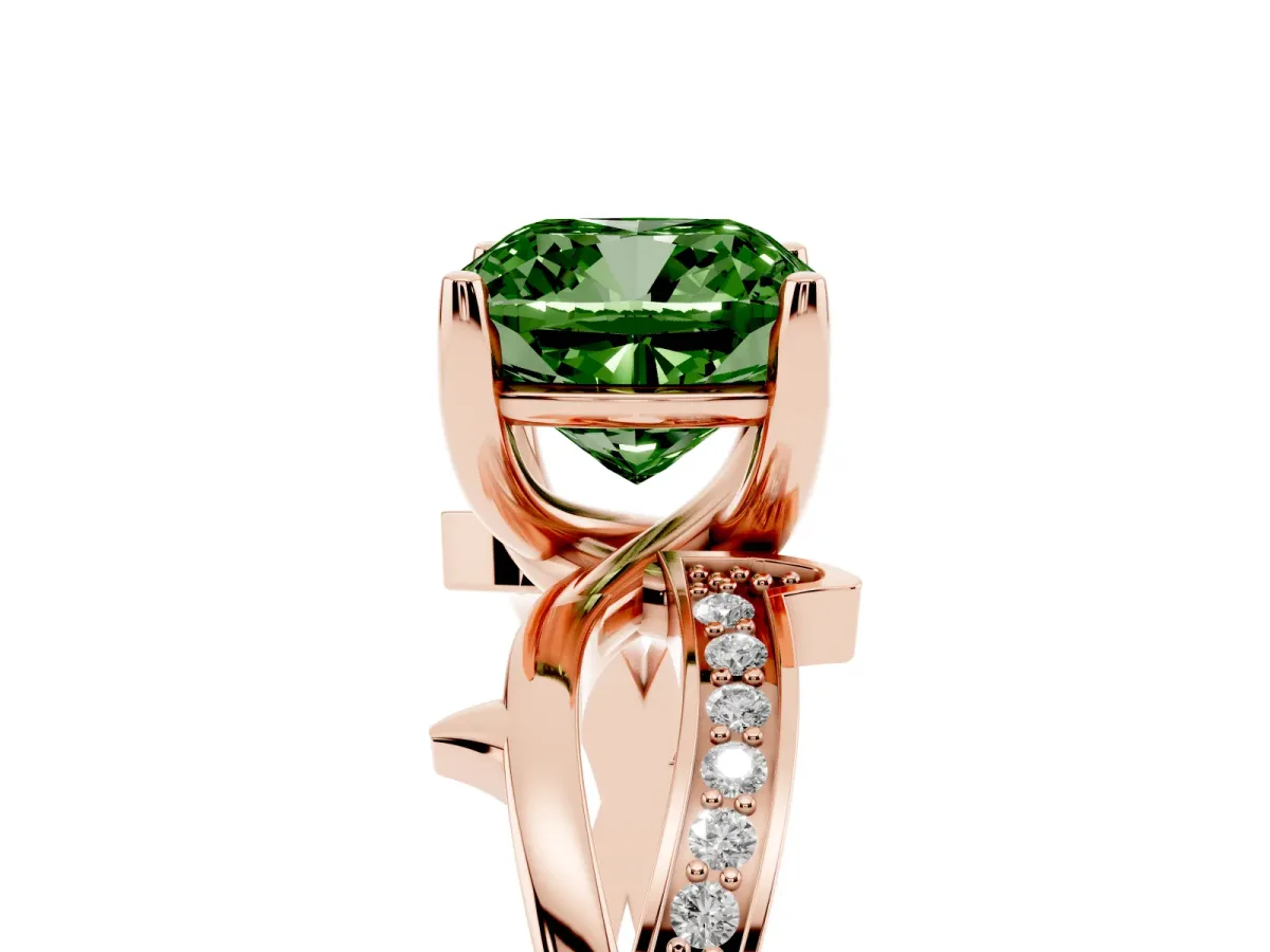 Fancy Green Cushion Cut Solitaire Twist Band with Pavé Accents and Four-Prong Setting Rose gold