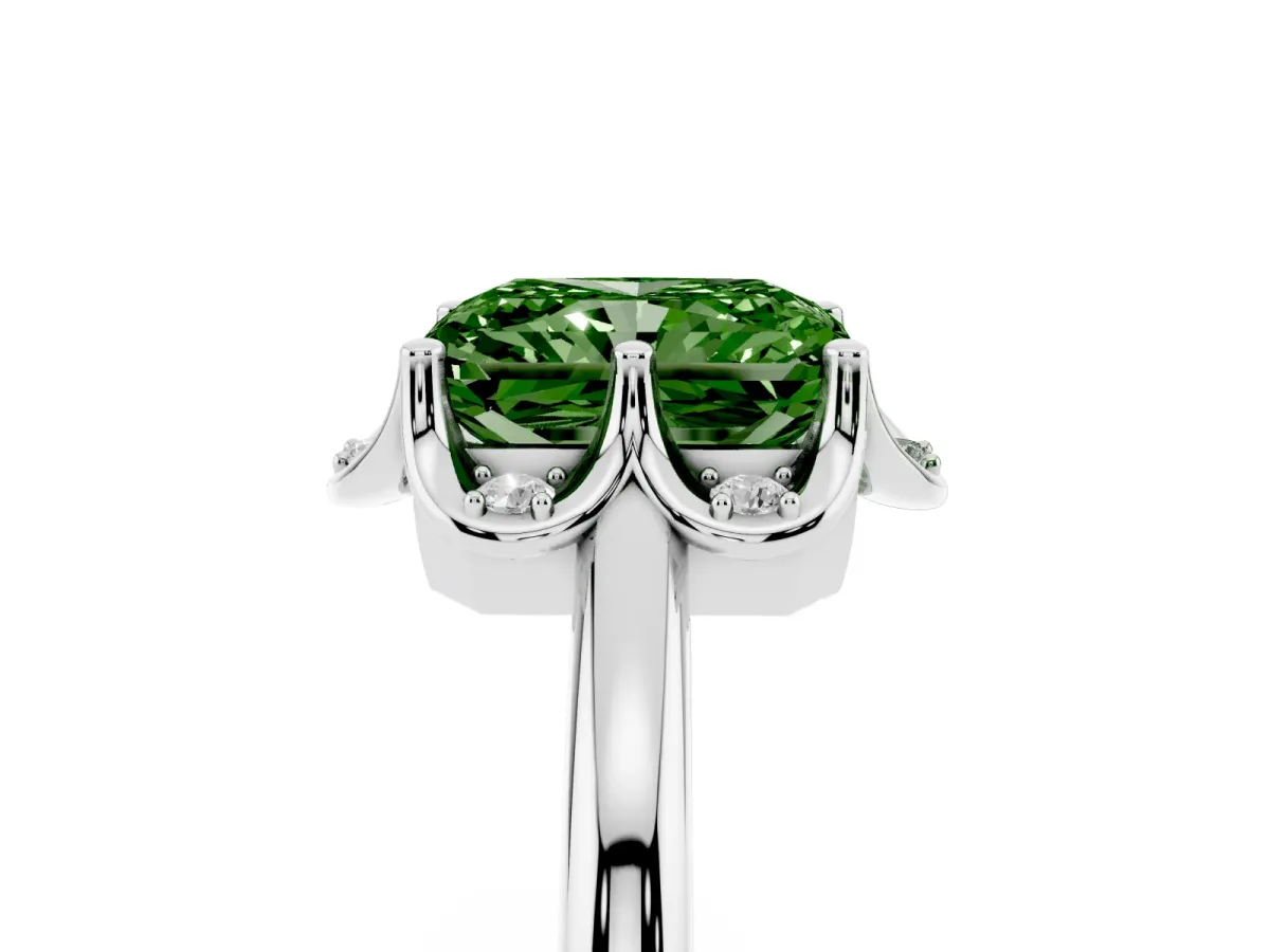 Fancy Green Radiant Cut Halo Diamond Ring with Round Cluster Setting, Solitaire Band, and Four-Prong Setting Silver