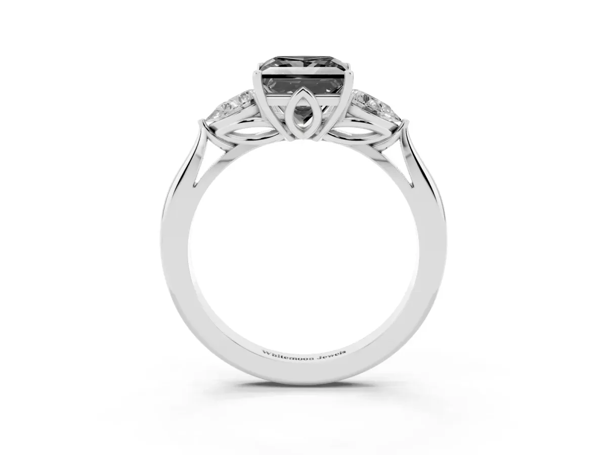 Fancy Black Princess Cut Diamond Three-Stone Ring with Pear Side Stones and Prong Setting Platinum