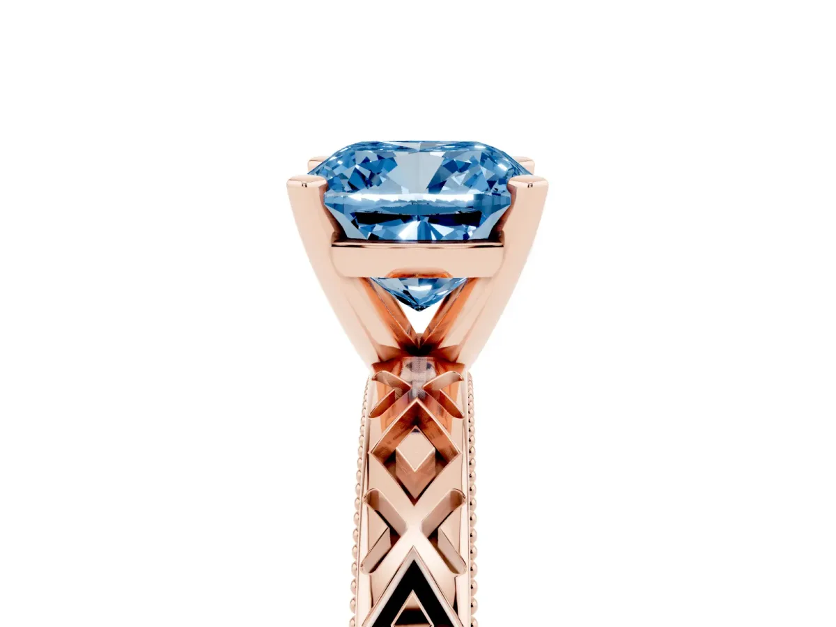 Fancy Blue Cushion Cut Solitaire Diamond Ring with Milgrain and Black Enamel X Pattern Band Rose gold