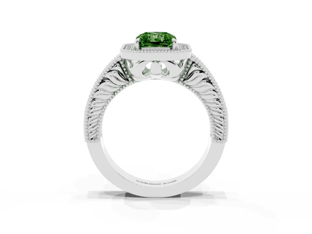 Fancy Green Radiant Cut Cut Halo Diamond Ring with Pavé Band and Four-Prong Setting Silver