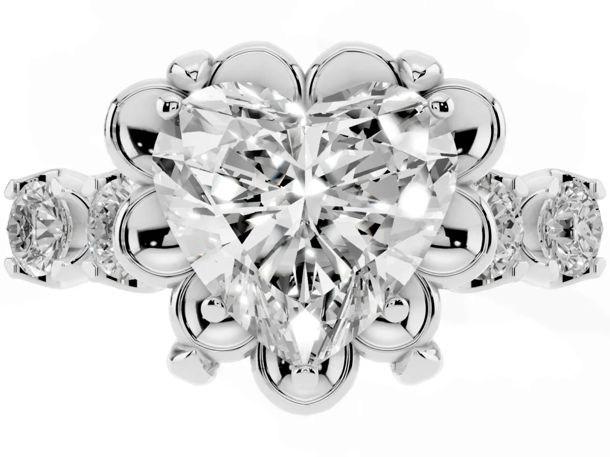 Heart Cut Cut Diamond Floral Halo Engagement Ring with Shared Prong Setting Silver