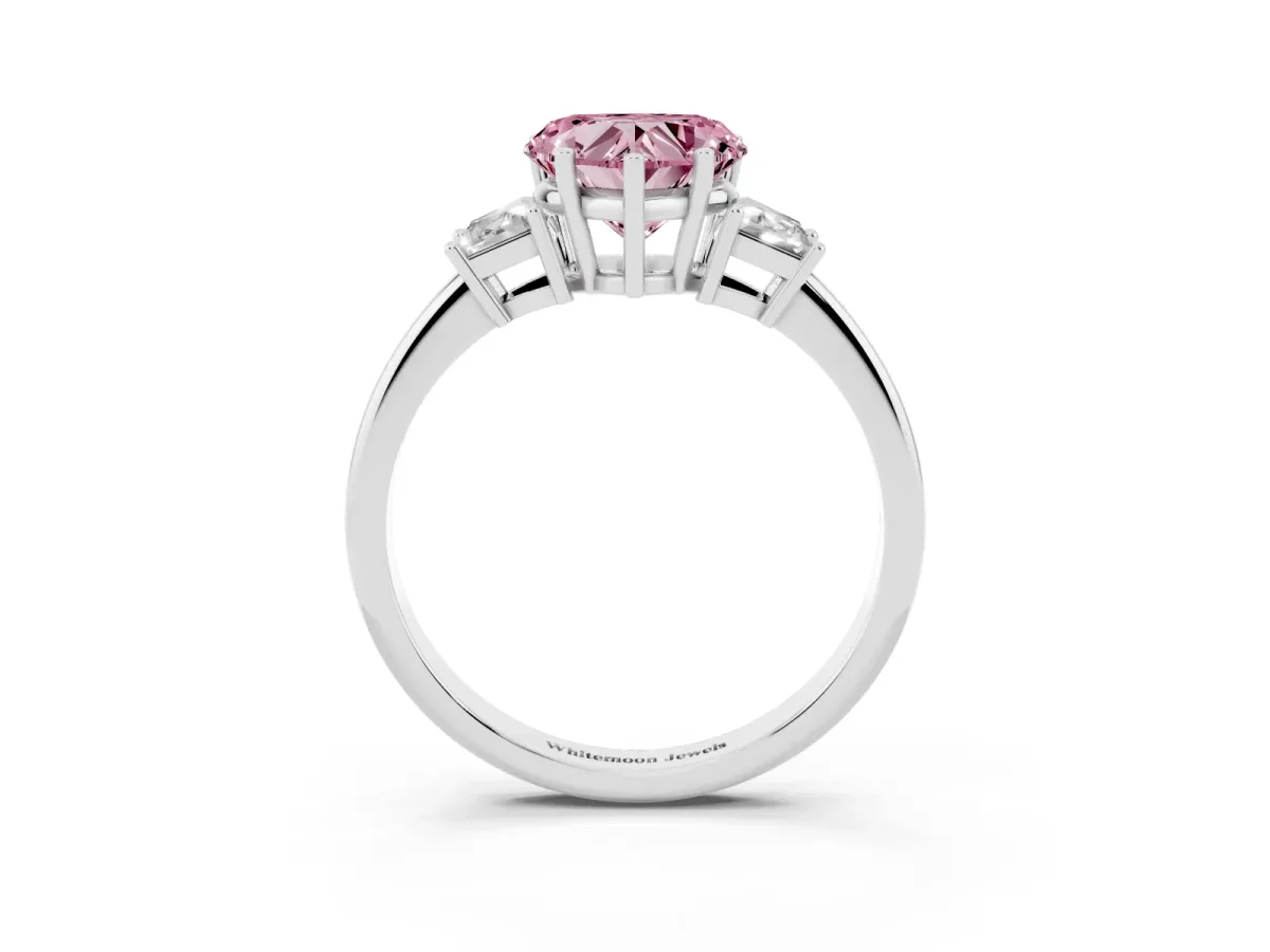 Fancy Pink Heart Cut Diamond Three-Stone Ring with Trapezoid Side Stones and Prong Setting Silver