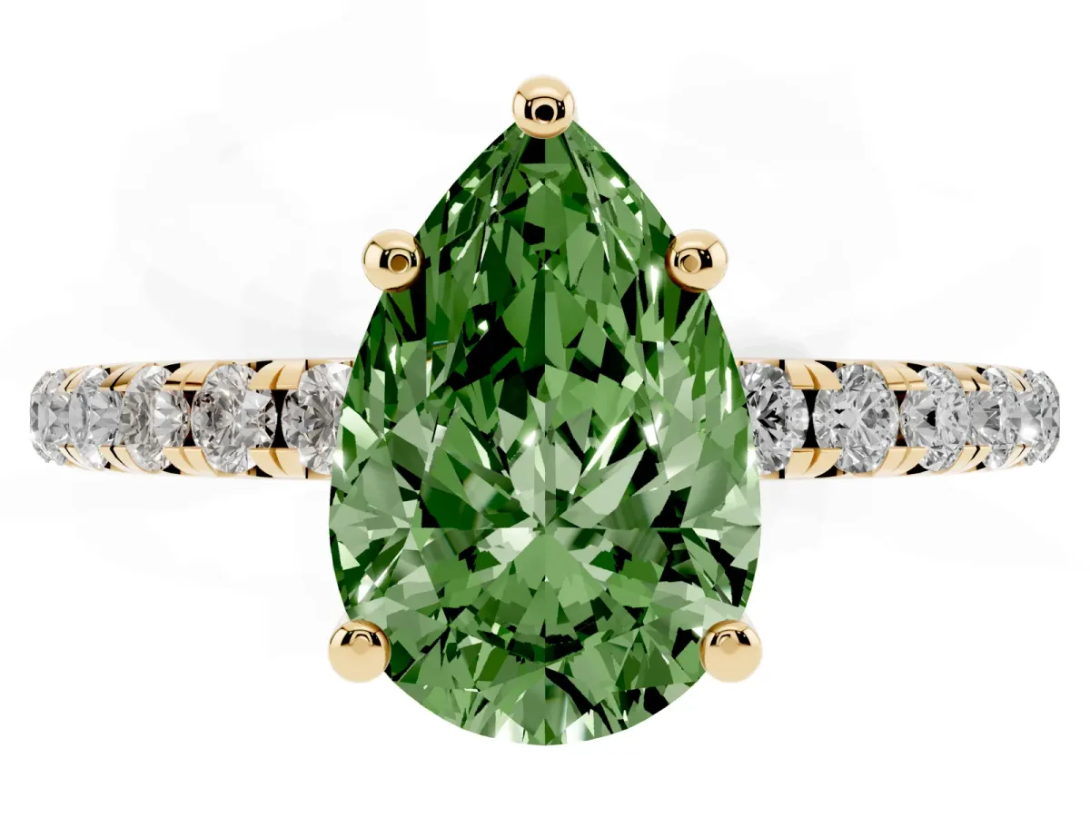 Fancy Green Pear Cut Cut Diamond Solitaire Ring with Micro Pave Band and Four Prong Setting Yellow gold