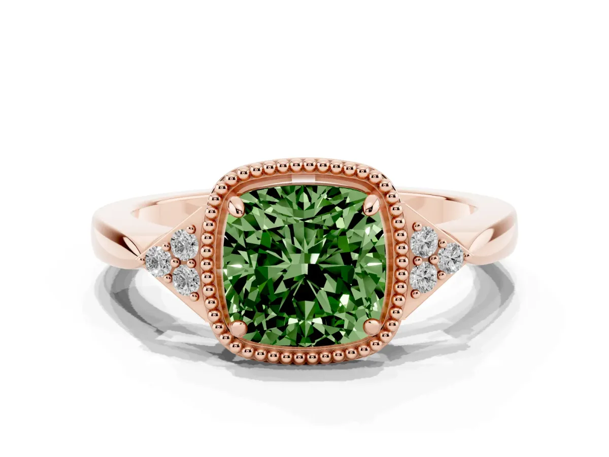 Fancy Green Cushion Cut Diamond Halo Ring with Tapered Band and Four-Prong Setting Rose gold